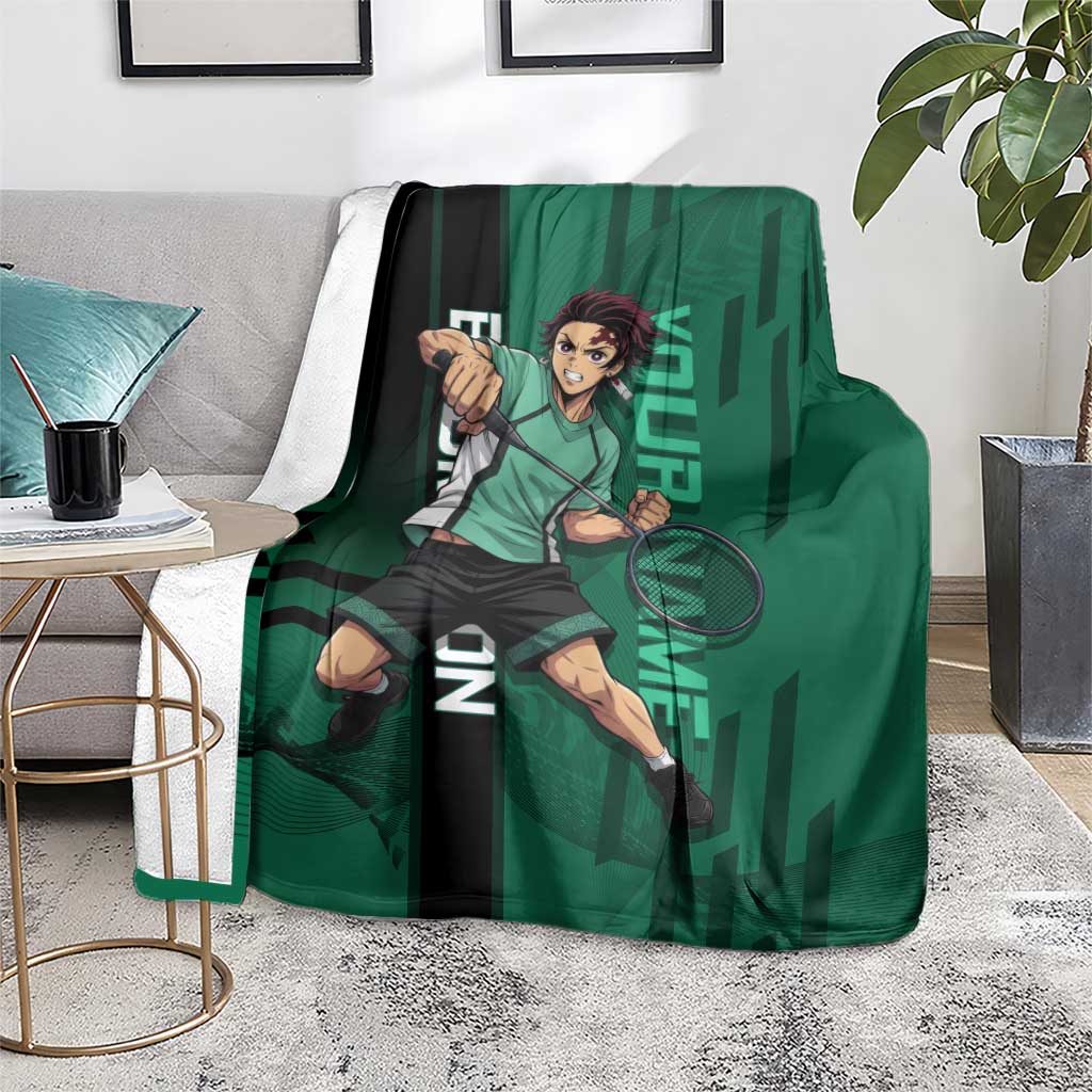 Personalized Tanjiro Badminton Green Action Pose Blanket Dynamic Sports Design - The Mazicc