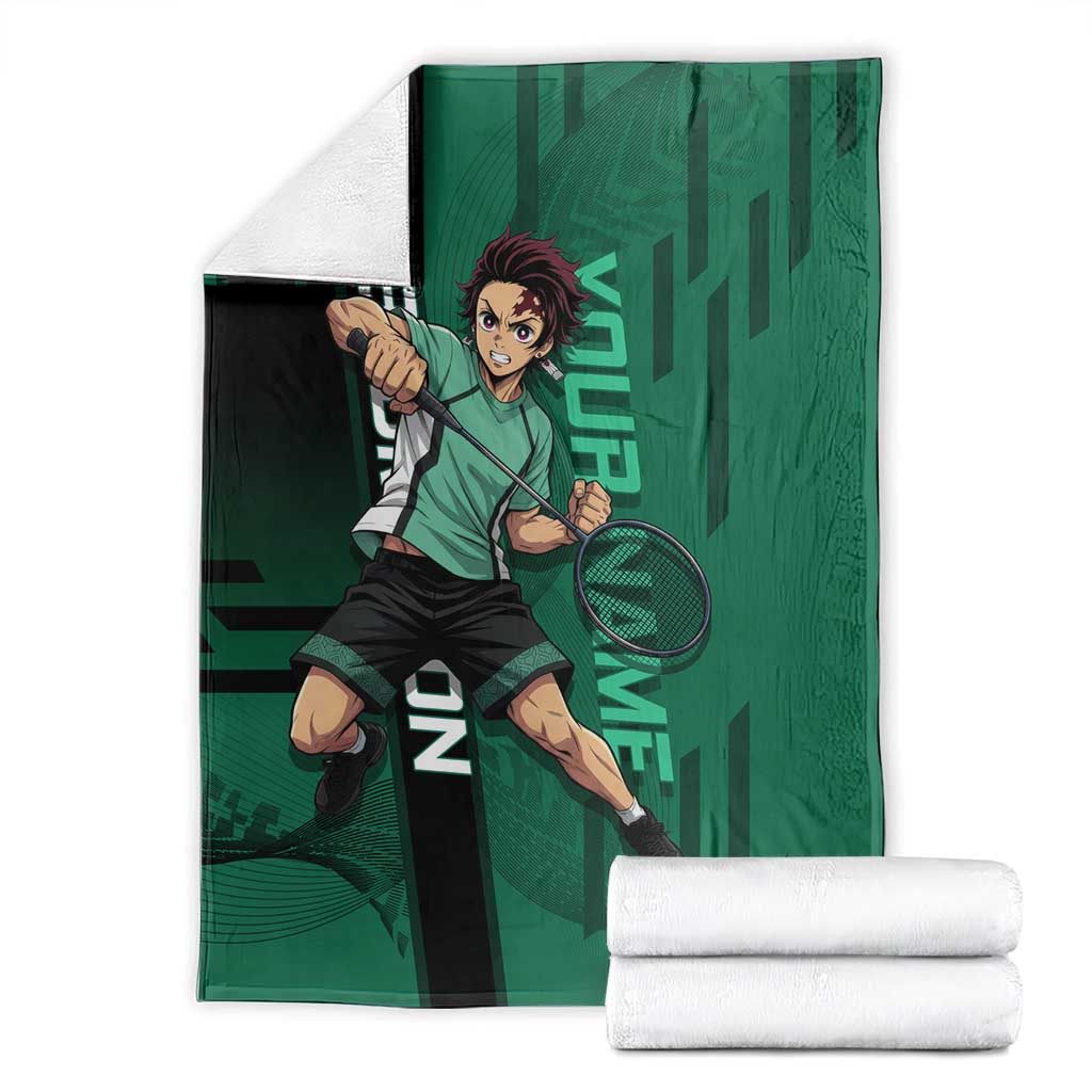 Personalized Tanjiro Badminton Green Action Pose Blanket Dynamic Sports Design - The Mazicc