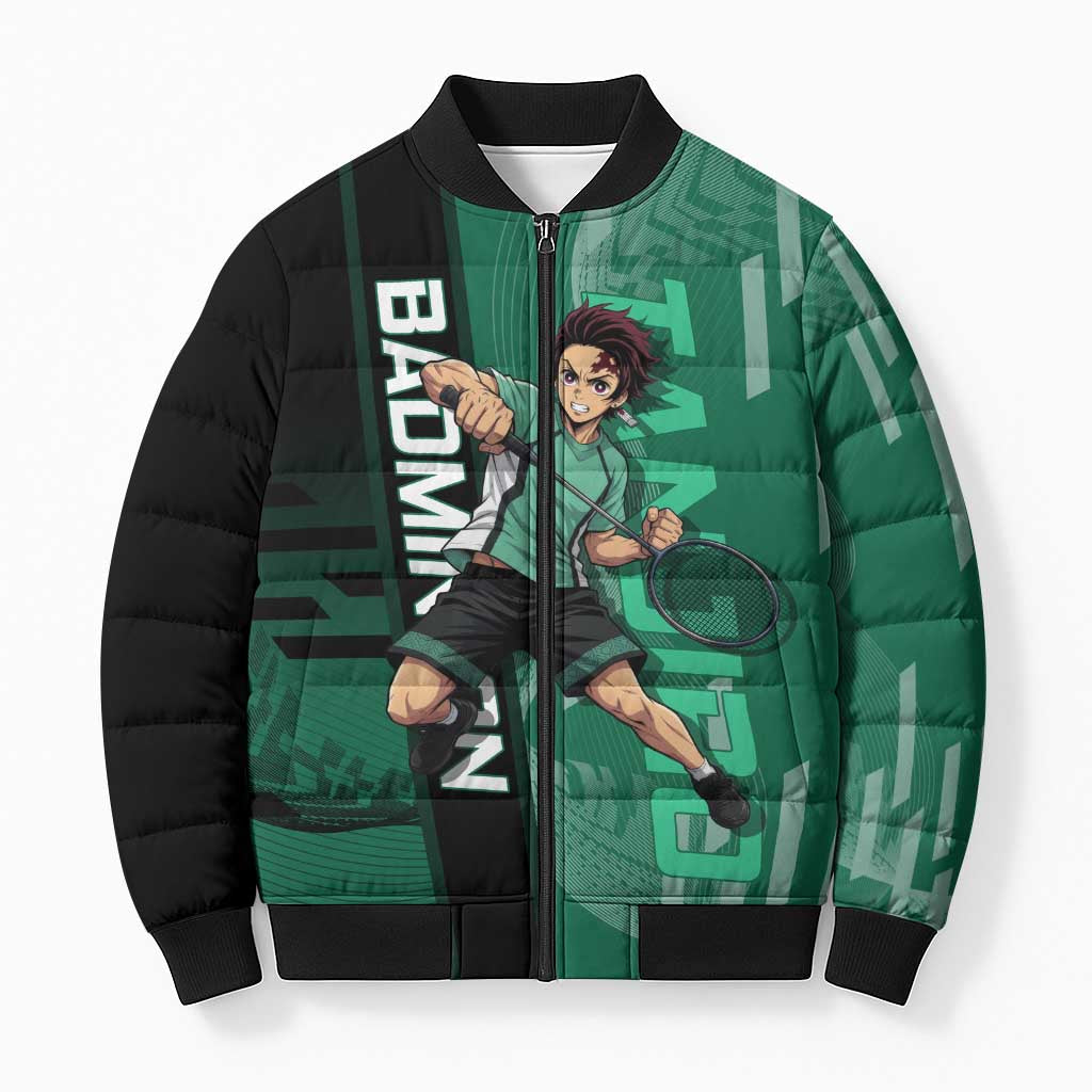 Personalized Tanjiro Badminton Green Action Pose Bomber Puffer Jacket Dynamic Sports Design - The Mazicc