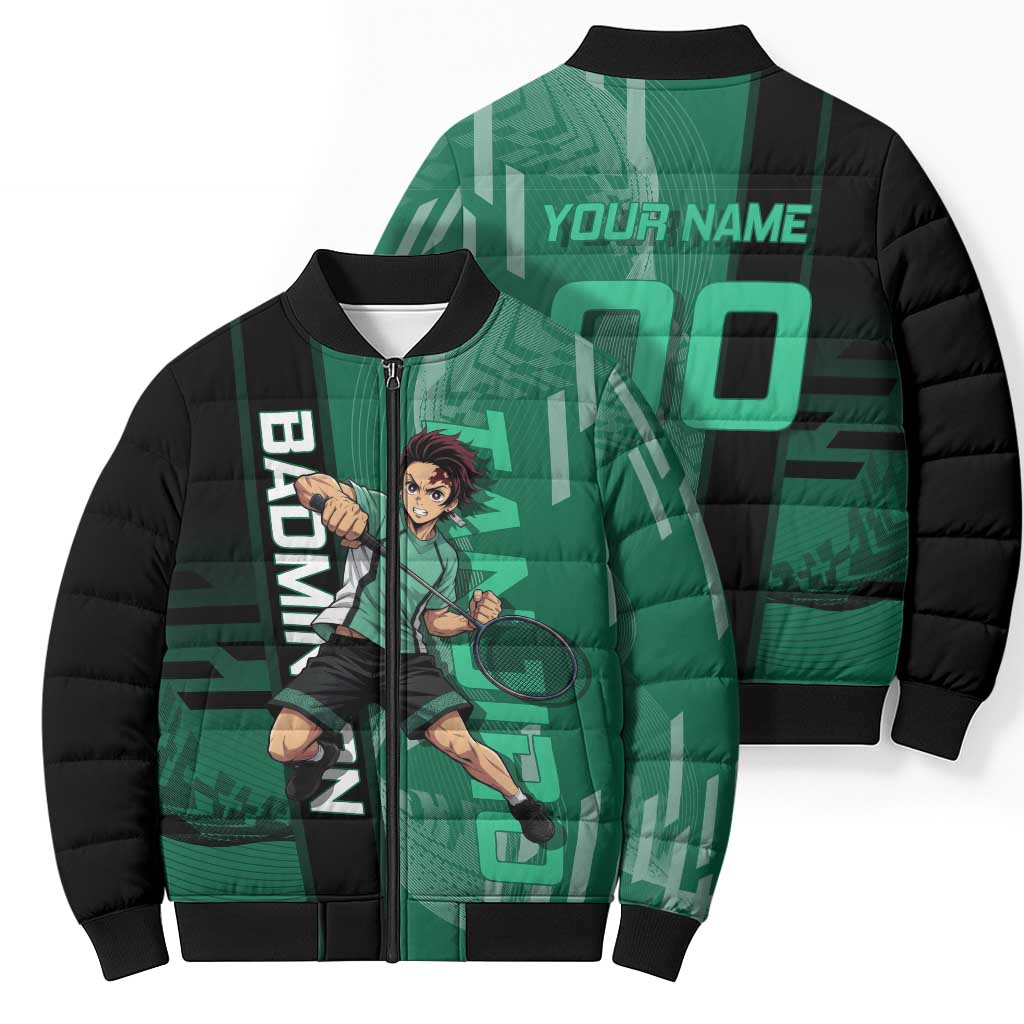 Personalized Tanjiro Badminton Green Action Pose Bomber Puffer Jacket Dynamic Sports Design - The Mazicc