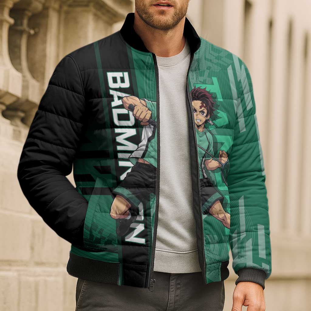 Personalized Tanjiro Badminton Green Action Pose Bomber Puffer Jacket Dynamic Sports Design - The Mazicc