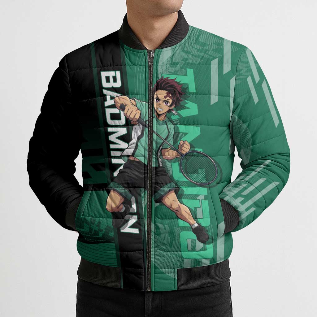 Personalized Tanjiro Badminton Green Action Pose Bomber Puffer Jacket Dynamic Sports Design - The Mazicc