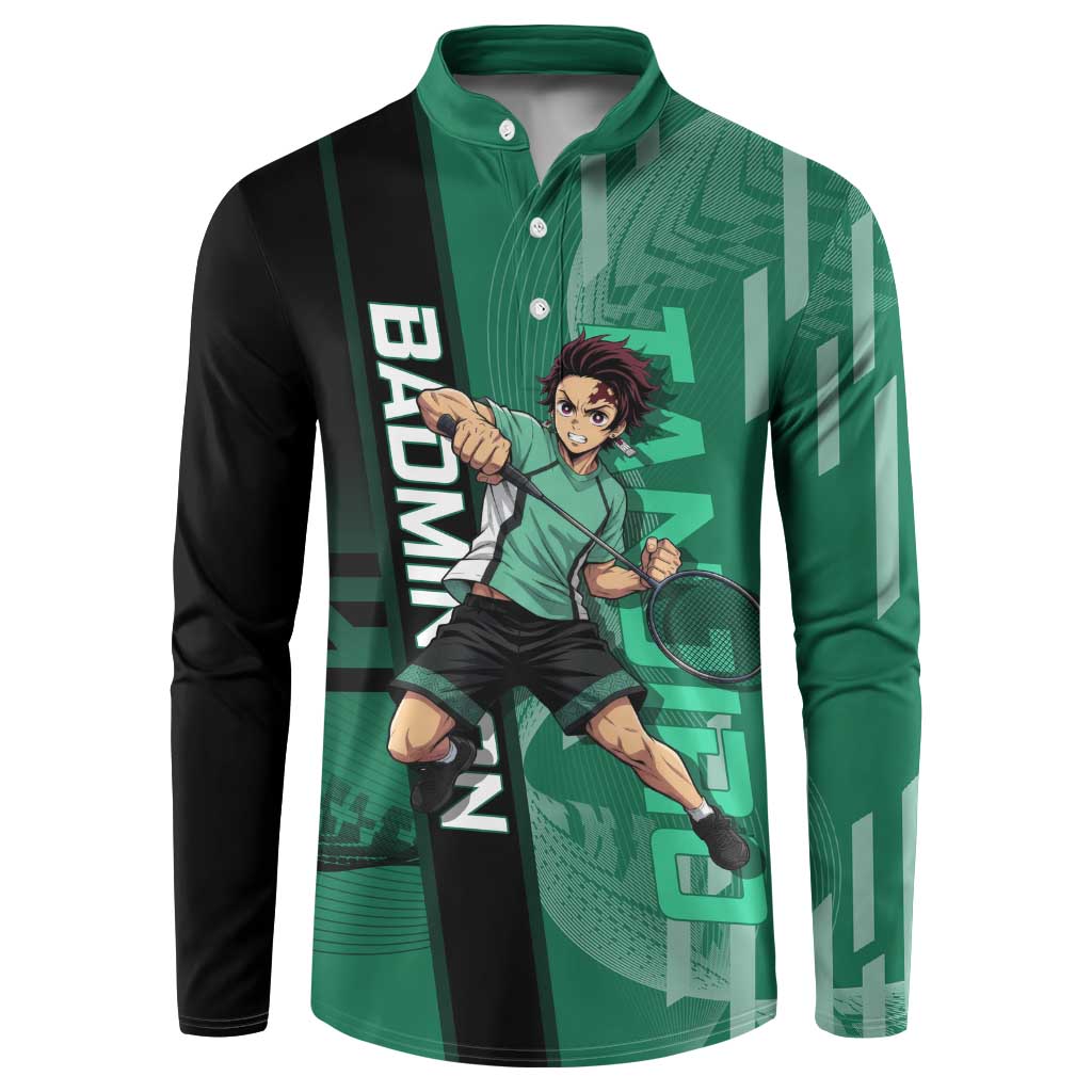 Personalized Tanjiro Badminton Green Action Pose Button Sweatshirt Dynamic Sports Design - The Mazicc