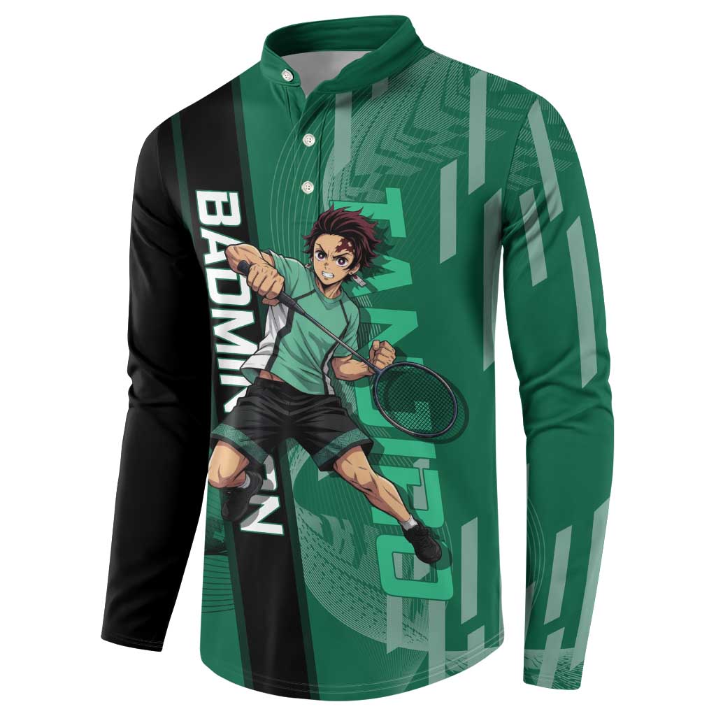 Personalized Tanjiro Badminton Green Action Pose Button Sweatshirt Dynamic Sports Design - The Mazicc