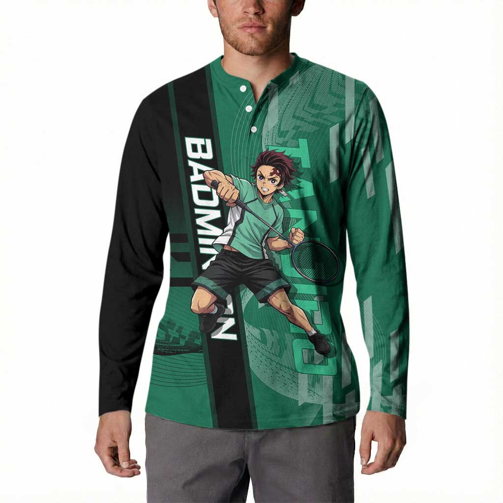 Personalized Tanjiro Badminton Green Action Pose Button Sweatshirt Dynamic Sports Design - The Mazicc