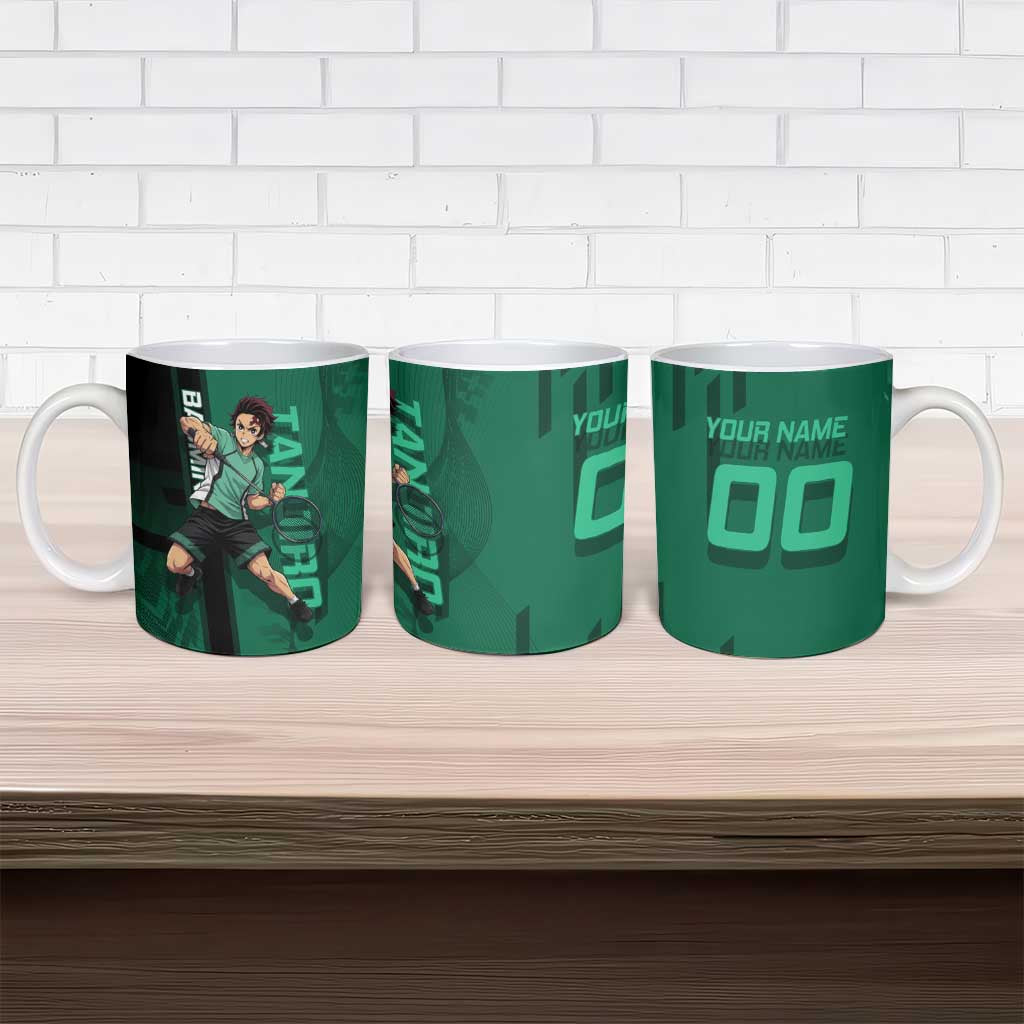 Personalized Tanjiro Badminton Green Action Pose Ceramic Mug Dynamic Sports Design - The Mazicc