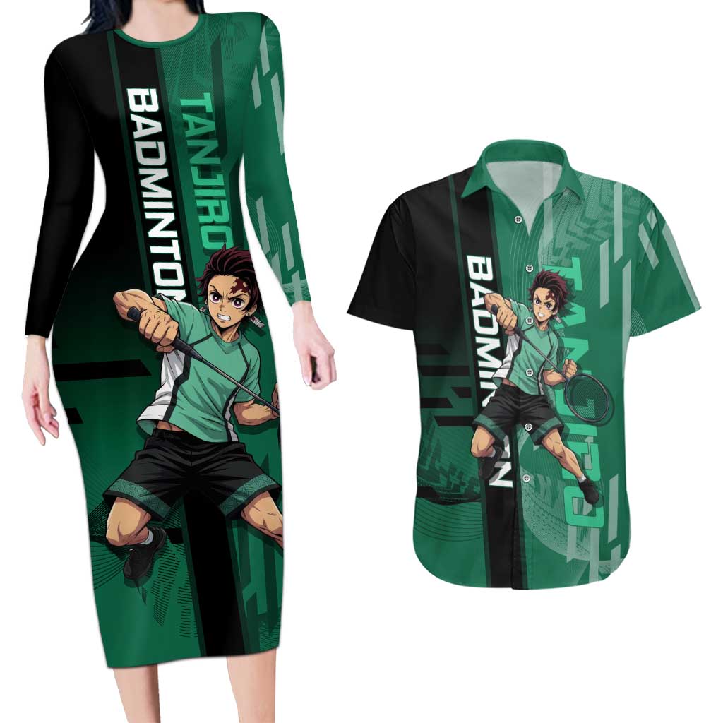 Personalized Tanjiro Badminton Green Action Pose Couples Matching Long Sleeve Bodycon Dress and Hawaiian Shirt Dynamic Sports Design - The Mazicc
