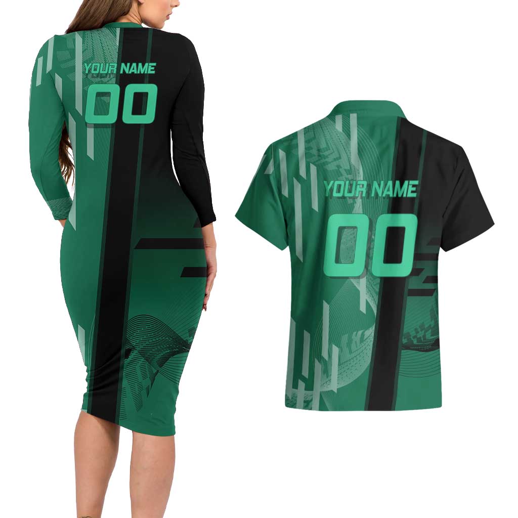 Personalized Tanjiro Badminton Green Action Pose Couples Matching Long Sleeve Bodycon Dress and Hawaiian Shirt Dynamic Sports Design - The Mazicc