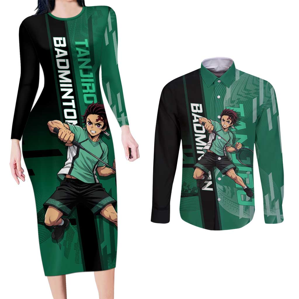 Personalized Tanjiro Badminton Green Action Pose Couples Matching Long Sleeve Bodycon Dress and Long Sleeve Button Shirt Dynamic Sports Design - The Mazicc