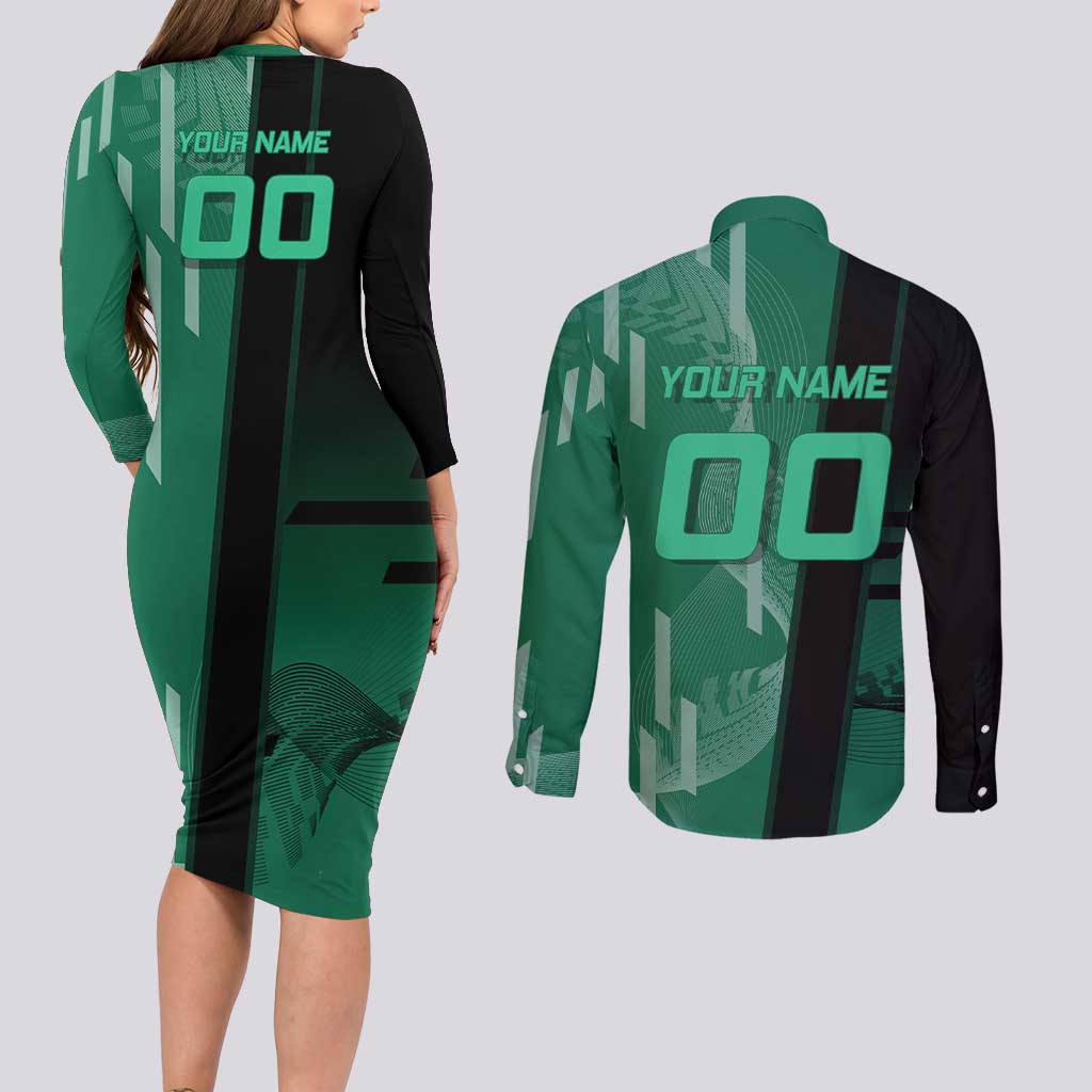 Personalized Tanjiro Badminton Green Action Pose Couples Matching Long Sleeve Bodycon Dress and Long Sleeve Button Shirt Dynamic Sports Design - The Mazicc