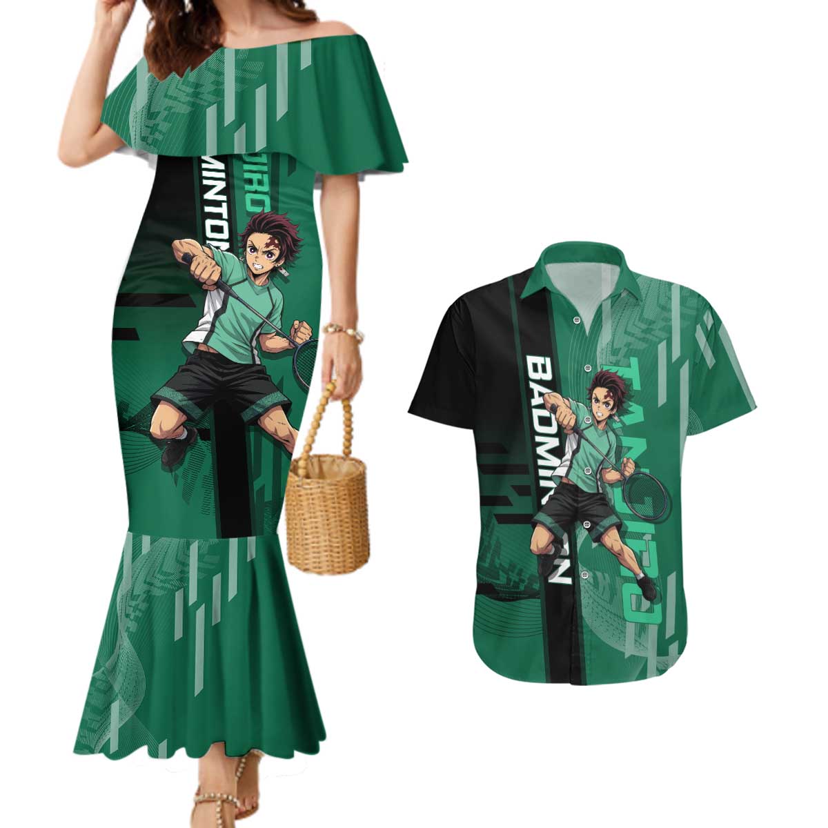 Personalized Tanjiro Badminton Green Action Pose Couples Matching Mermaid Dress and Hawaiian Shirt Dynamic Sports Design - The Mazicc