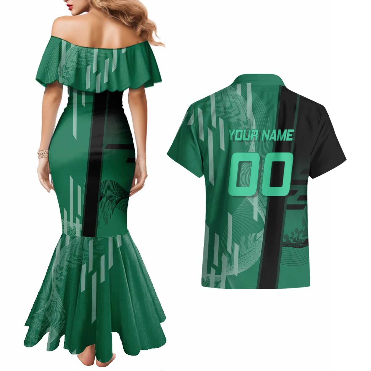 Personalized Tanjiro Badminton Green Action Pose Couples Matching Mermaid Dress and Hawaiian Shirt Dynamic Sports Design - The Mazicc