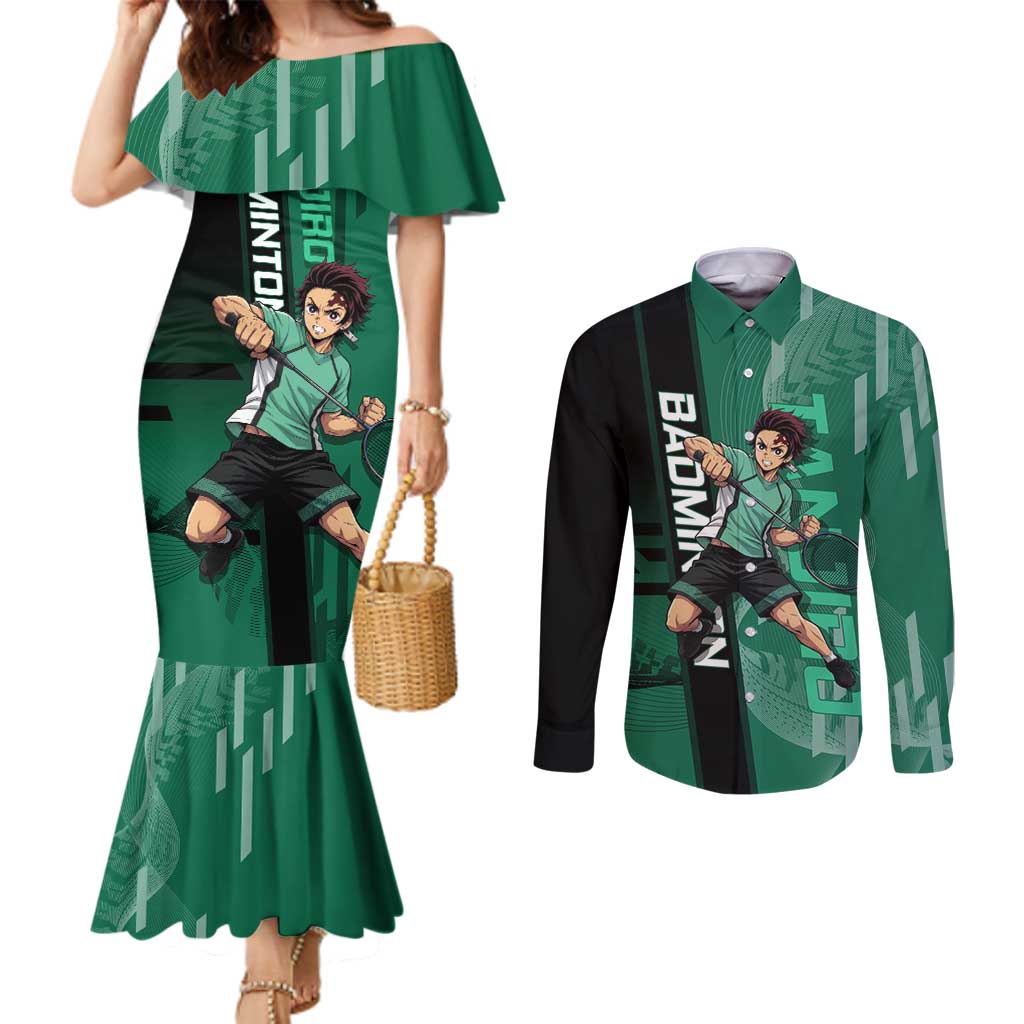 Personalized Tanjiro Badminton Green Action Pose Couples Matching Mermaid Dress and Long Sleeve Button Shirt Dynamic Sports Design - The Mazicc