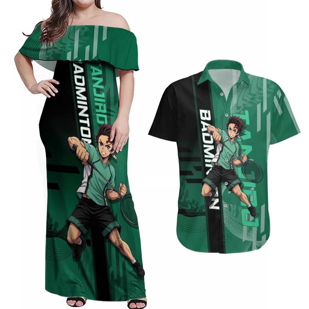 Personalized Tanjiro Badminton Green Action Pose Couples Matching Off Shoulder Maxi Dress and Hawaiian Shirt Dynamic Sports Design - The Mazicc