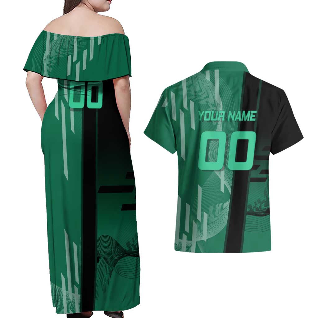 Personalized Tanjiro Badminton Green Action Pose Couples Matching Off Shoulder Maxi Dress and Hawaiian Shirt Dynamic Sports Design - The Mazicc