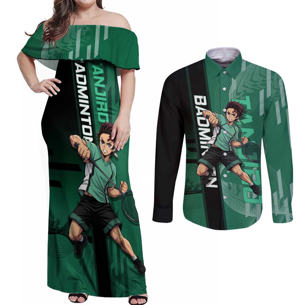 Personalized Tanjiro Badminton Green Action Pose Couples Matching Off Shoulder Maxi Dress and Long Sleeve Button Shirt Dynamic Sports Design - The Mazicc