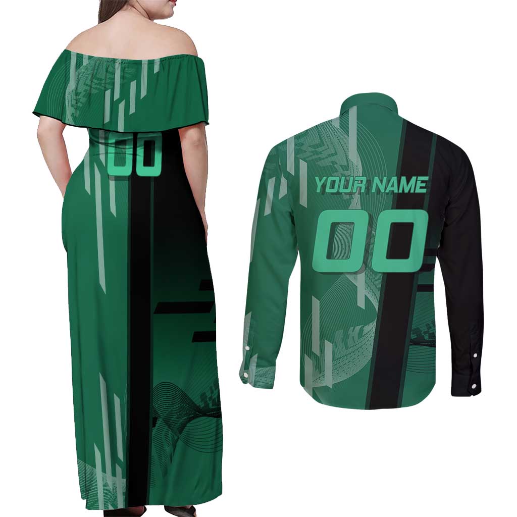 Personalized Tanjiro Badminton Green Action Pose Couples Matching Off Shoulder Maxi Dress and Long Sleeve Button Shirt Dynamic Sports Design - The Mazicc