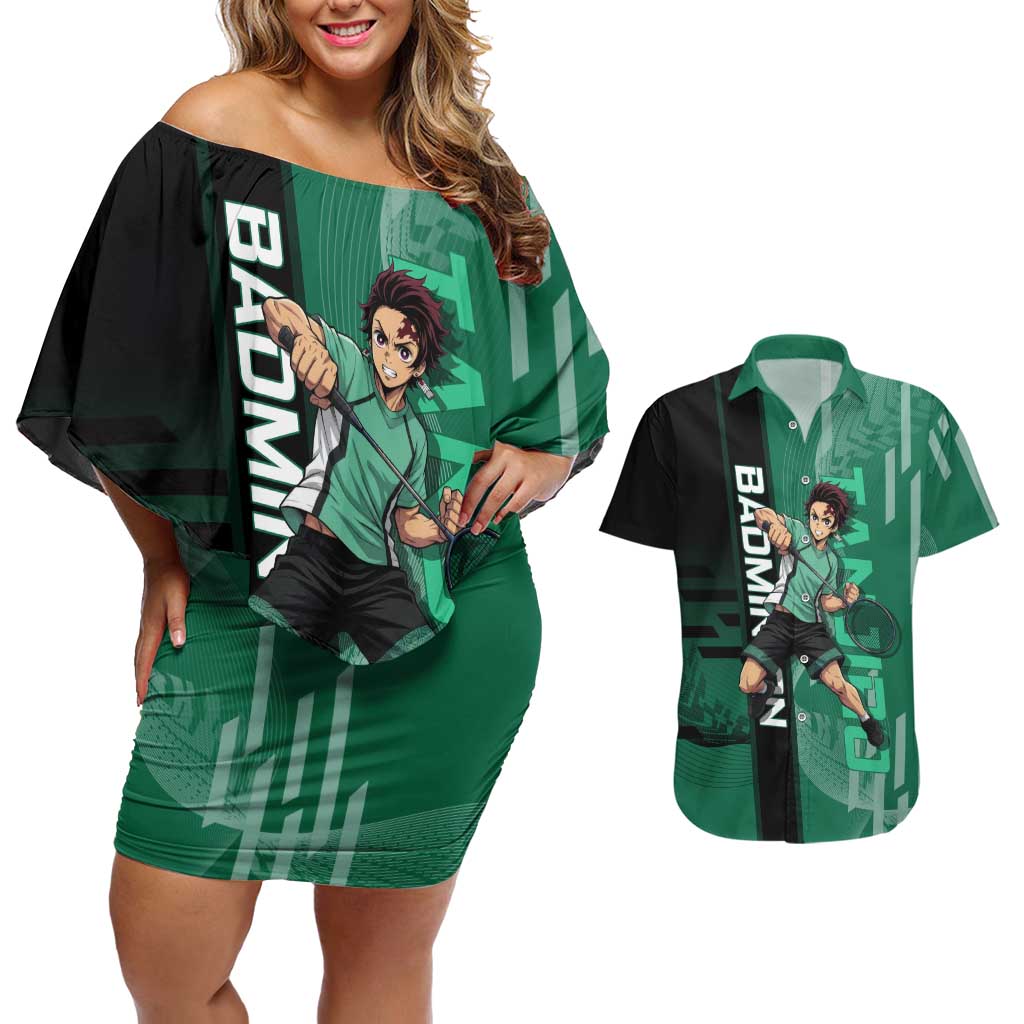 Personalized Tanjiro Badminton Green Action Pose Couples Matching Off Shoulder Short Dress and Hawaiian Shirt Dynamic Sports Design - The Mazicc