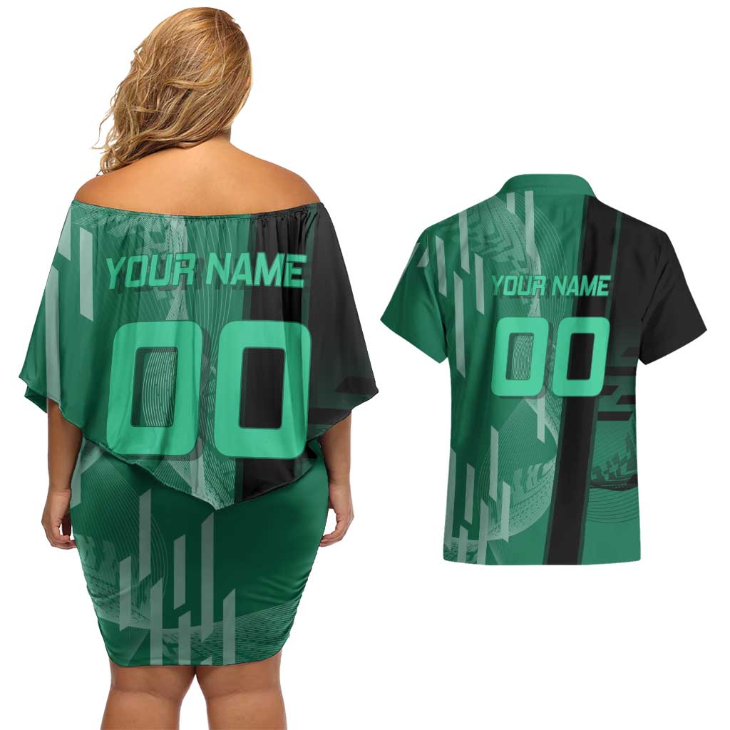 Personalized Tanjiro Badminton Green Action Pose Couples Matching Off Shoulder Short Dress and Hawaiian Shirt Dynamic Sports Design - The Mazicc
