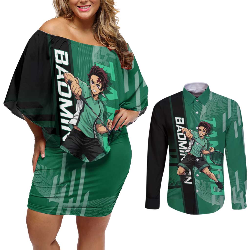 Personalized Tanjiro Badminton Green Action Pose Couples Matching Off Shoulder Short Dress and Long Sleeve Button Shirt Dynamic Sports Design - The Mazicc