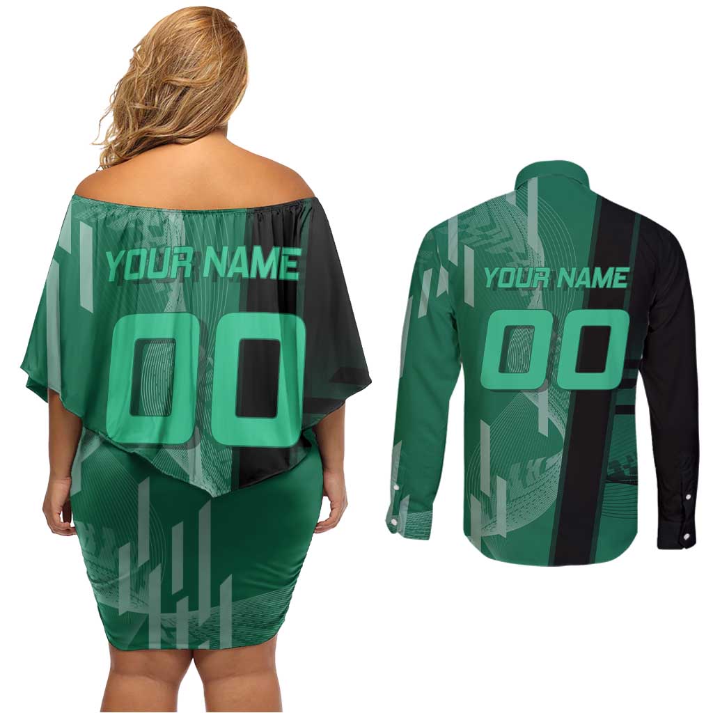 Personalized Tanjiro Badminton Green Action Pose Couples Matching Off Shoulder Short Dress and Long Sleeve Button Shirt Dynamic Sports Design - The Mazicc