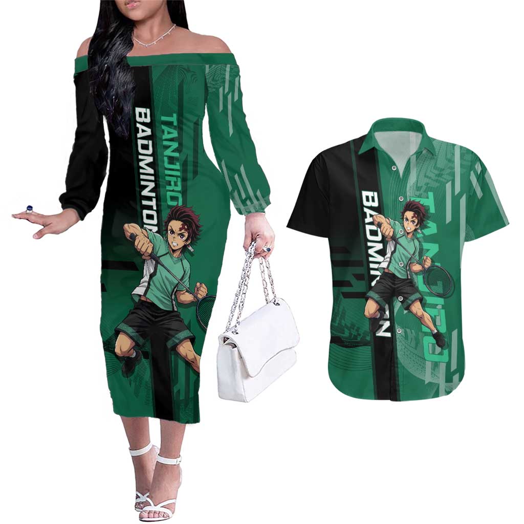 Personalized Tanjiro Badminton Green Action Pose Couples Matching Off The Shoulder Long Sleeve Dress and Hawaiian Shirt Dynamic Sports Design - The Mazicc