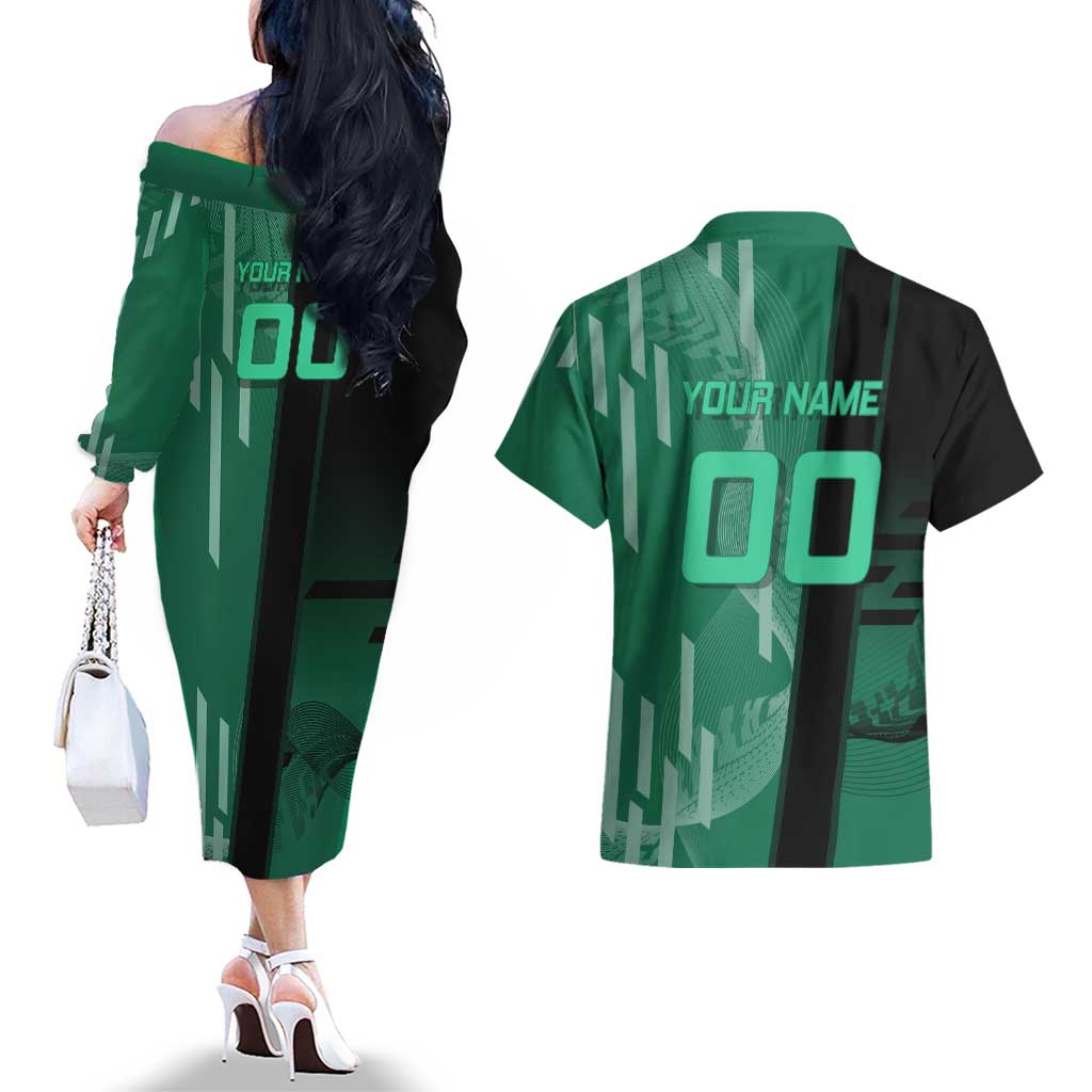 Personalized Tanjiro Badminton Green Action Pose Couples Matching Off The Shoulder Long Sleeve Dress and Hawaiian Shirt Dynamic Sports Design - The Mazicc