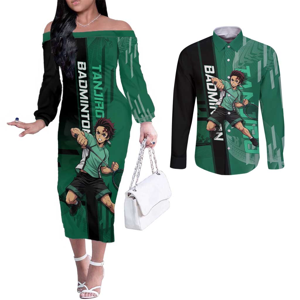 Personalized Tanjiro Badminton Green Action Pose Couples Matching Off The Shoulder Long Sleeve Dress and Long Sleeve Button Shirt Dynamic Sports Design - The Mazicc
