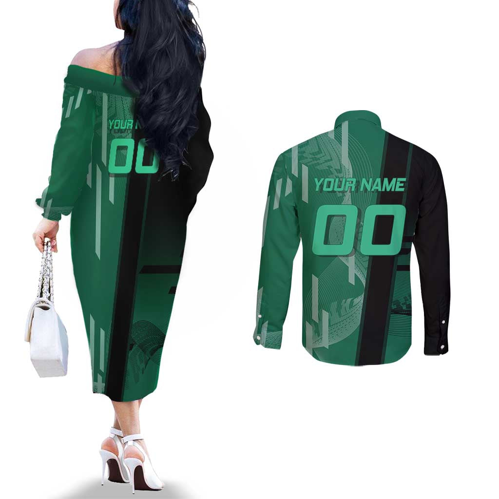 Personalized Tanjiro Badminton Green Action Pose Couples Matching Off The Shoulder Long Sleeve Dress and Long Sleeve Button Shirt Dynamic Sports Design - The Mazicc