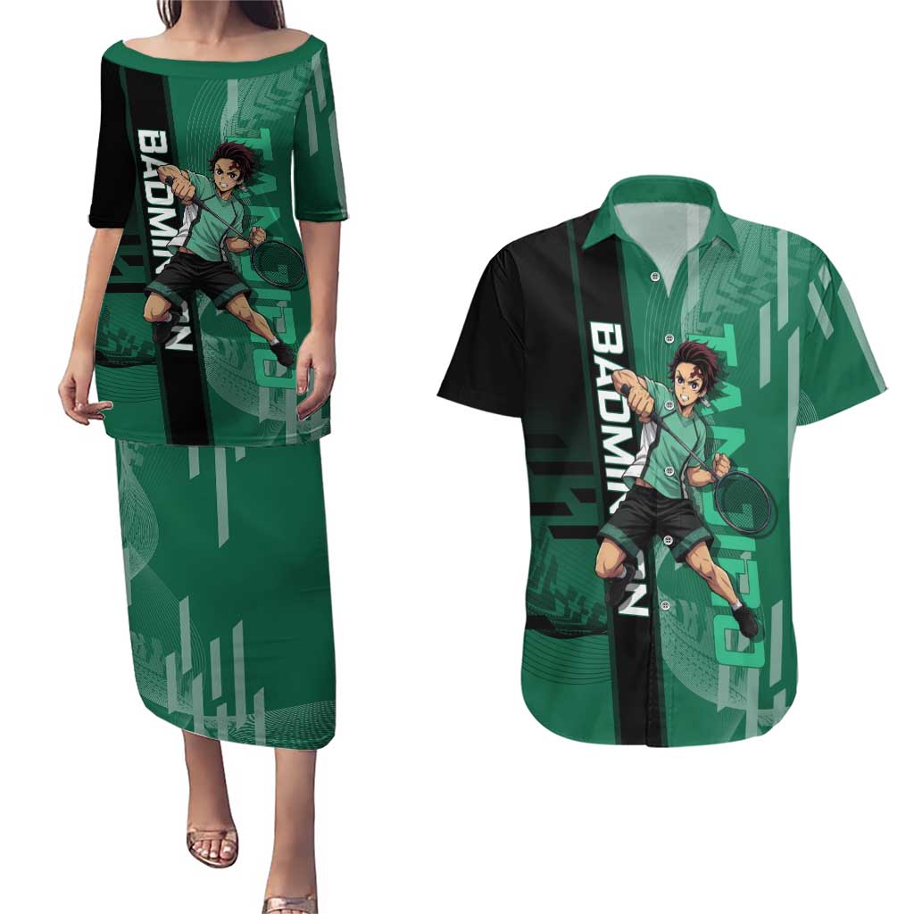 Personalized Tanjiro Badminton Green Action Pose Couples Matching Puletasi and Hawaiian Shirt Dynamic Sports Design - The Mazicc