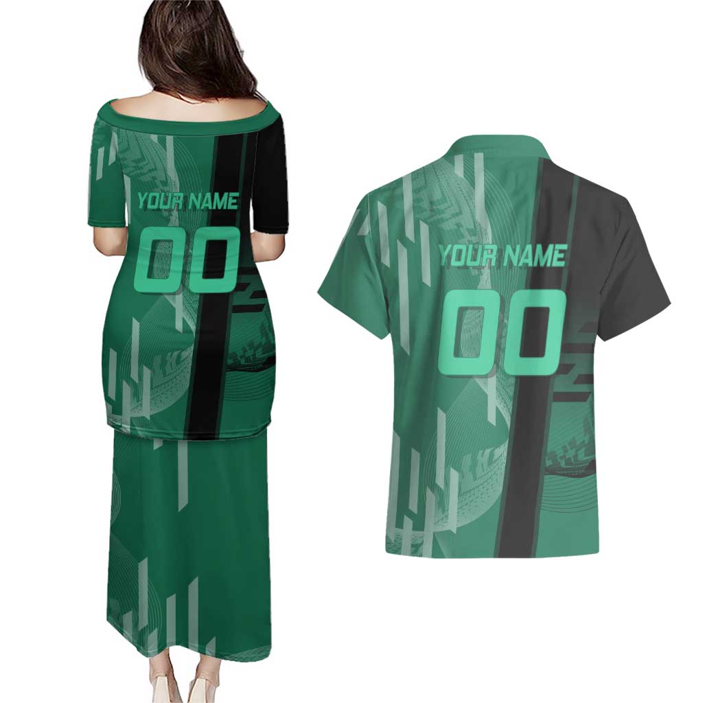 Personalized Tanjiro Badminton Green Action Pose Couples Matching Puletasi and Hawaiian Shirt Dynamic Sports Design - The Mazicc