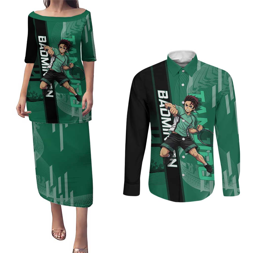 Personalized Tanjiro Badminton Green Action Pose Couples Matching Puletasi and Long Sleeve Button Shirt Dynamic Sports Design - The Mazicc