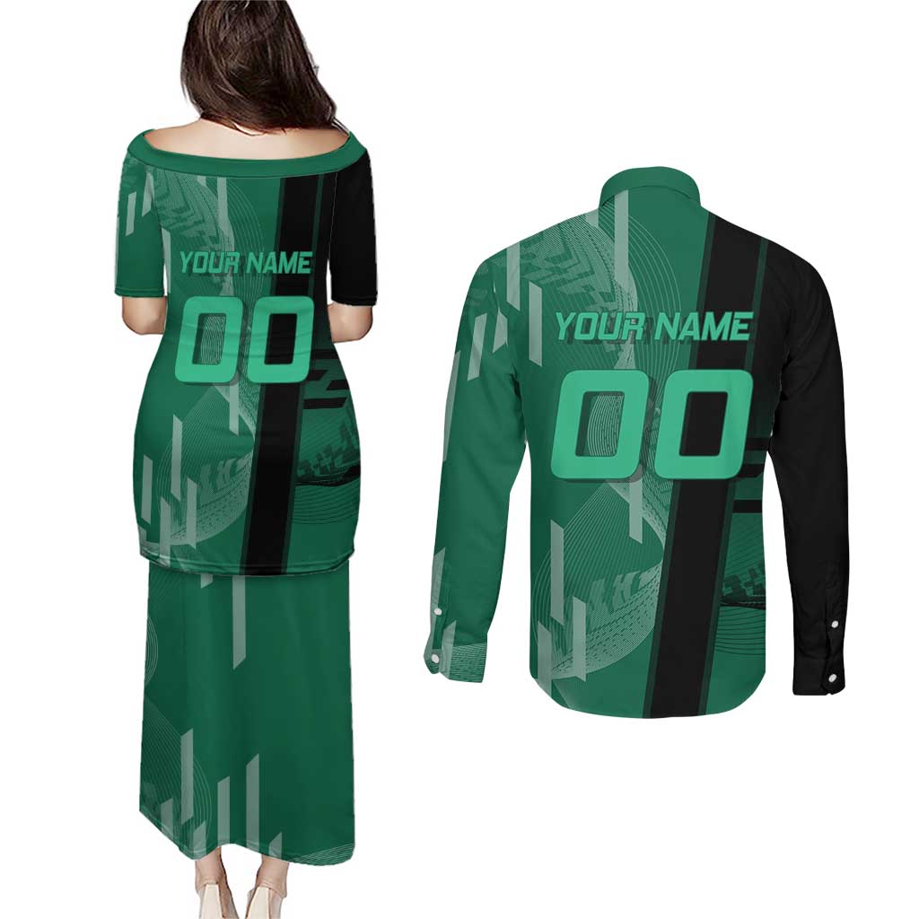 Personalized Tanjiro Badminton Green Action Pose Couples Matching Puletasi and Long Sleeve Button Shirt Dynamic Sports Design - The Mazicc