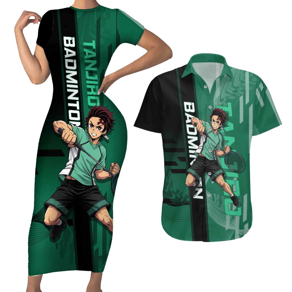 Personalized Tanjiro Badminton Green Action Pose Couples Matching Short Sleeve Bodycon Dress and Hawaiian Shirt Dynamic Sports Design - The Mazicc