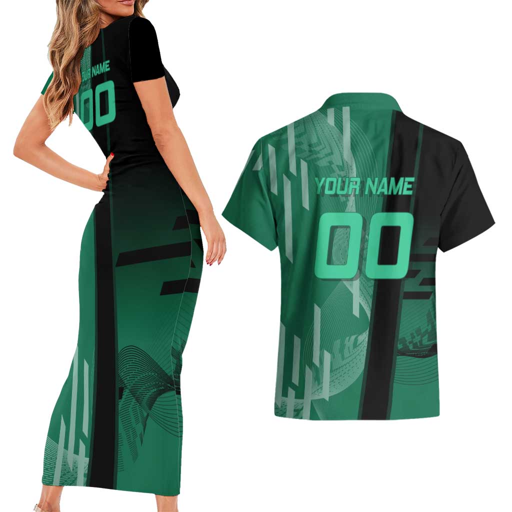 Personalized Tanjiro Badminton Green Action Pose Couples Matching Short Sleeve Bodycon Dress and Hawaiian Shirt Dynamic Sports Design - The Mazicc