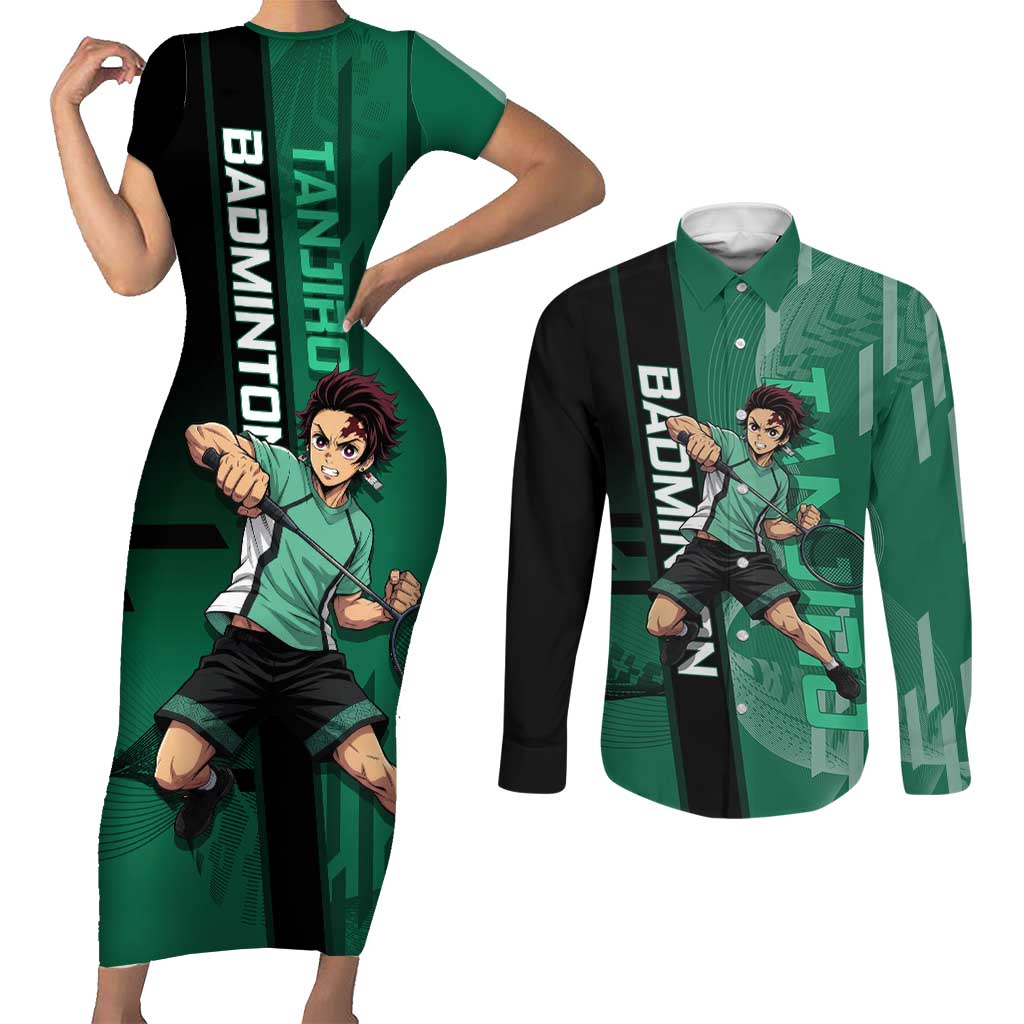 Personalized Tanjiro Badminton Green Action Pose Couples Matching Short Sleeve Bodycon Dress and Long Sleeve Button Shirt Dynamic Sports Design - The Mazicc