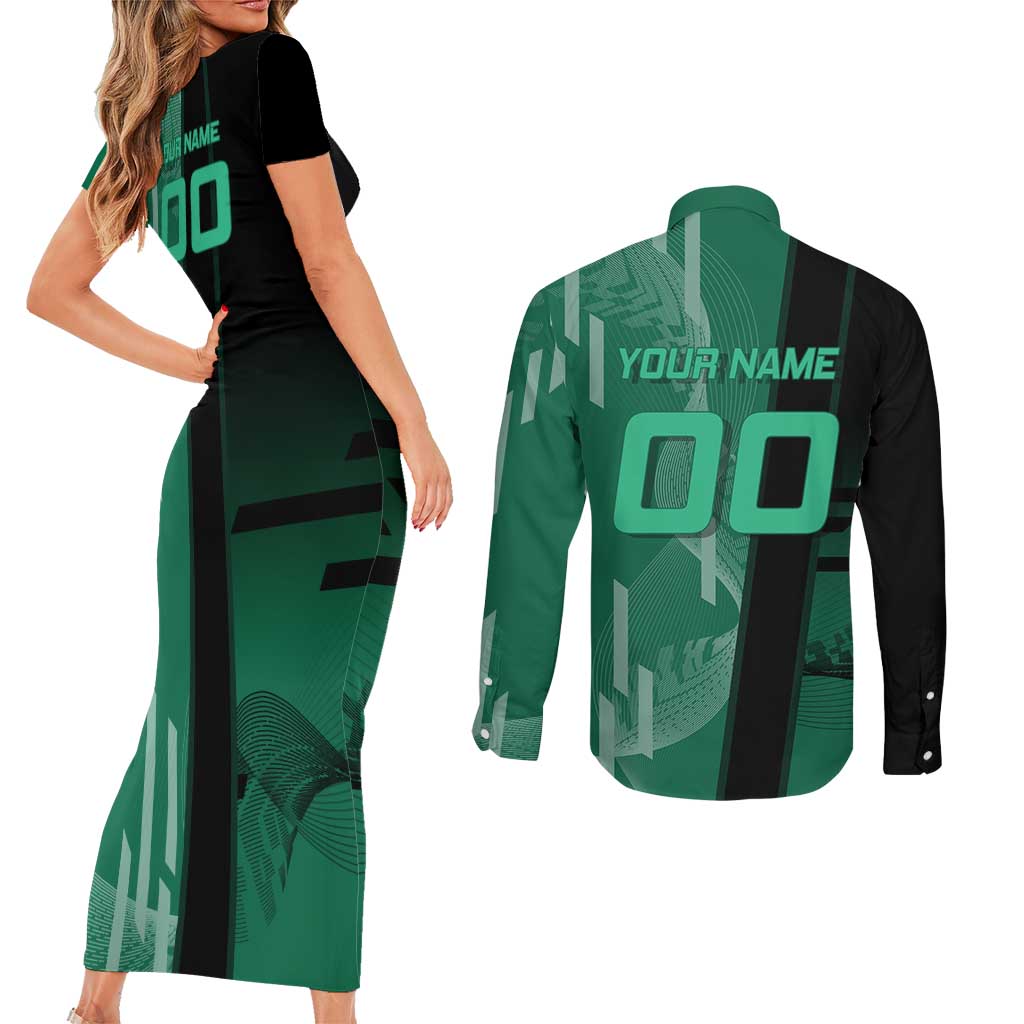 Personalized Tanjiro Badminton Green Action Pose Couples Matching Short Sleeve Bodycon Dress and Long Sleeve Button Shirt Dynamic Sports Design - The Mazicc