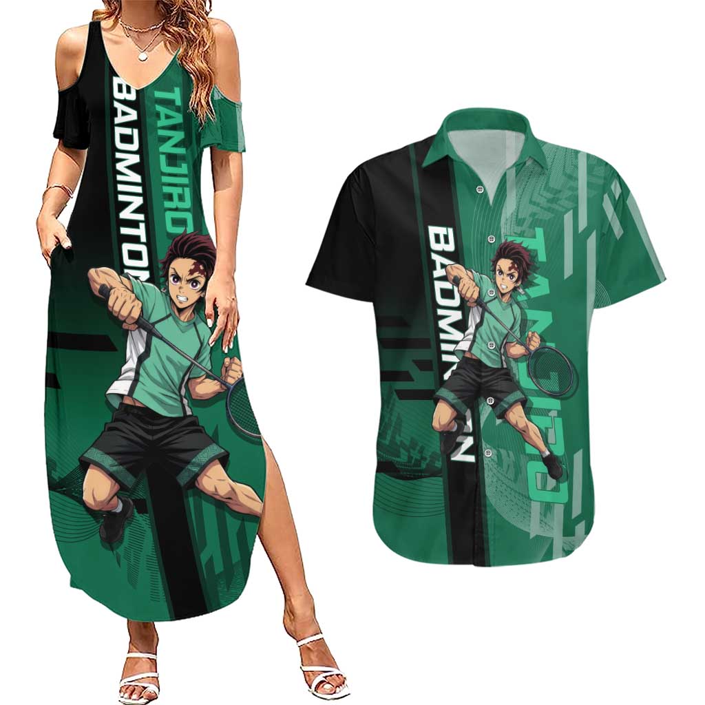 Personalized Tanjiro Badminton Green Action Pose Couples Matching Summer Maxi Dress and Hawaiian Shirt Dynamic Sports Design - The Mazicc