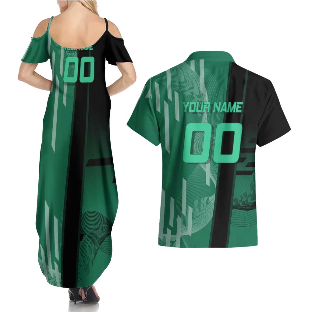 Personalized Tanjiro Badminton Green Action Pose Couples Matching Summer Maxi Dress and Hawaiian Shirt Dynamic Sports Design - The Mazicc