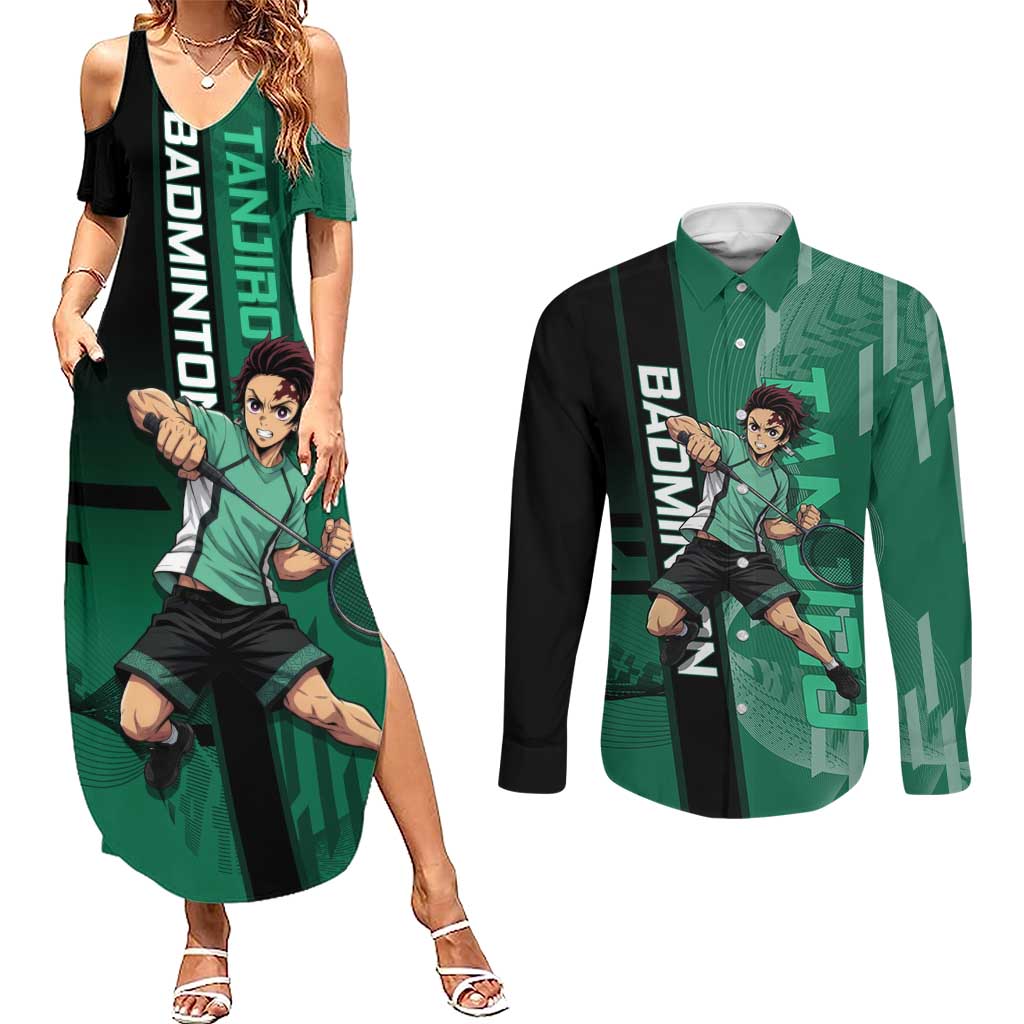 Personalized Tanjiro Badminton Green Action Pose Couples Matching Summer Maxi Dress and Long Sleeve Button Shirt Dynamic Sports Design - The Mazicc