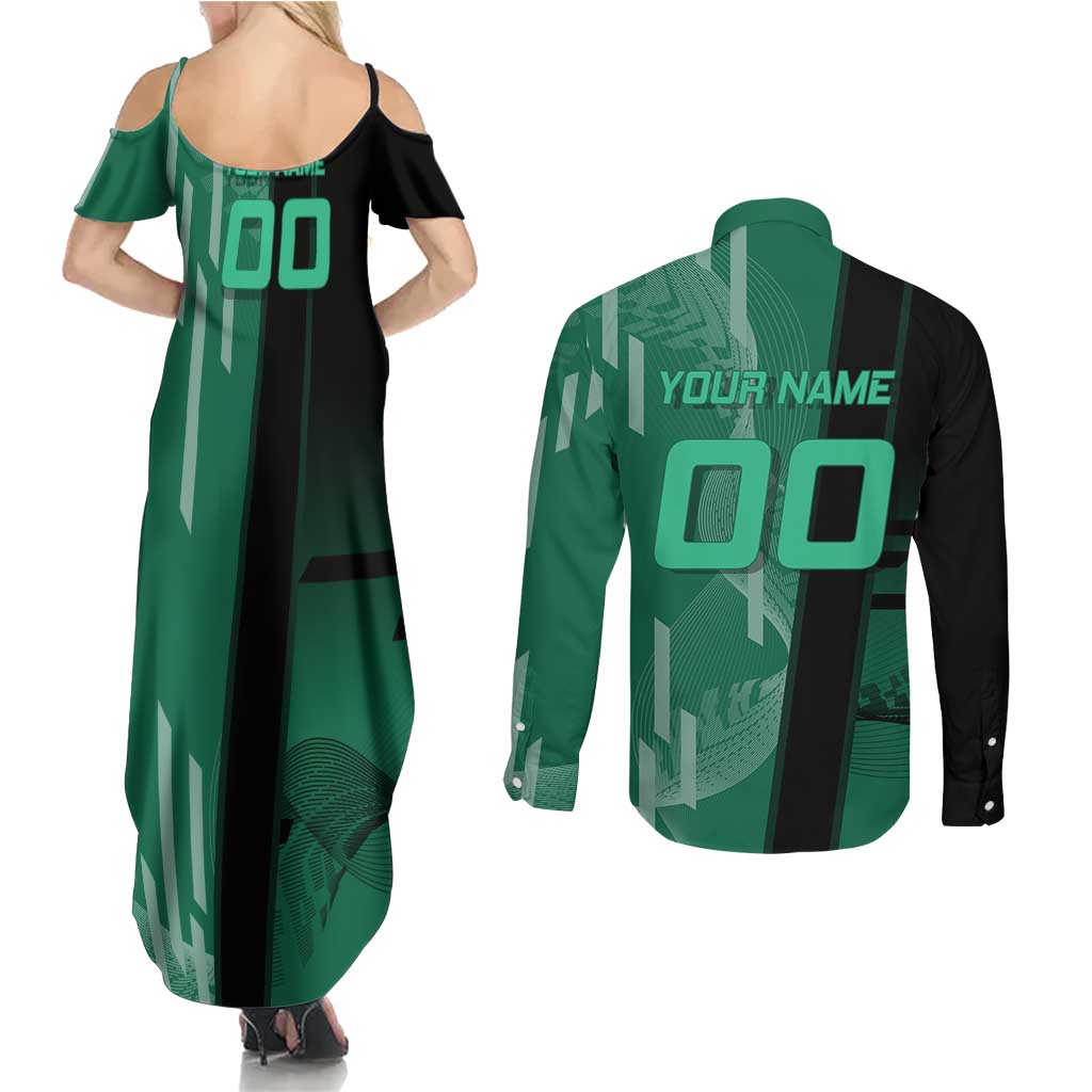 Personalized Tanjiro Badminton Green Action Pose Couples Matching Summer Maxi Dress and Long Sleeve Button Shirt Dynamic Sports Design - The Mazicc