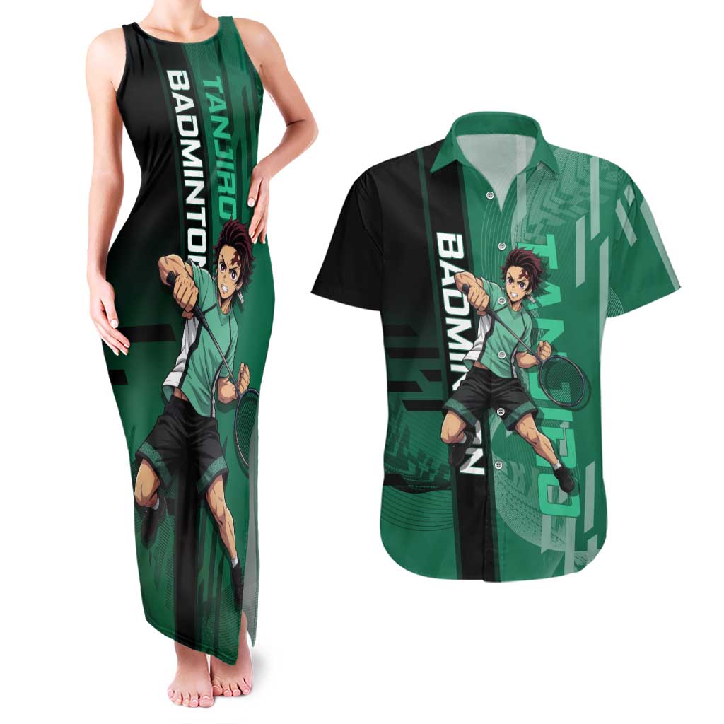 Personalized Tanjiro Badminton Green Action Pose Couples Matching Tank Maxi Dress and Hawaiian Shirt Dynamic Sports Design - The Mazicc