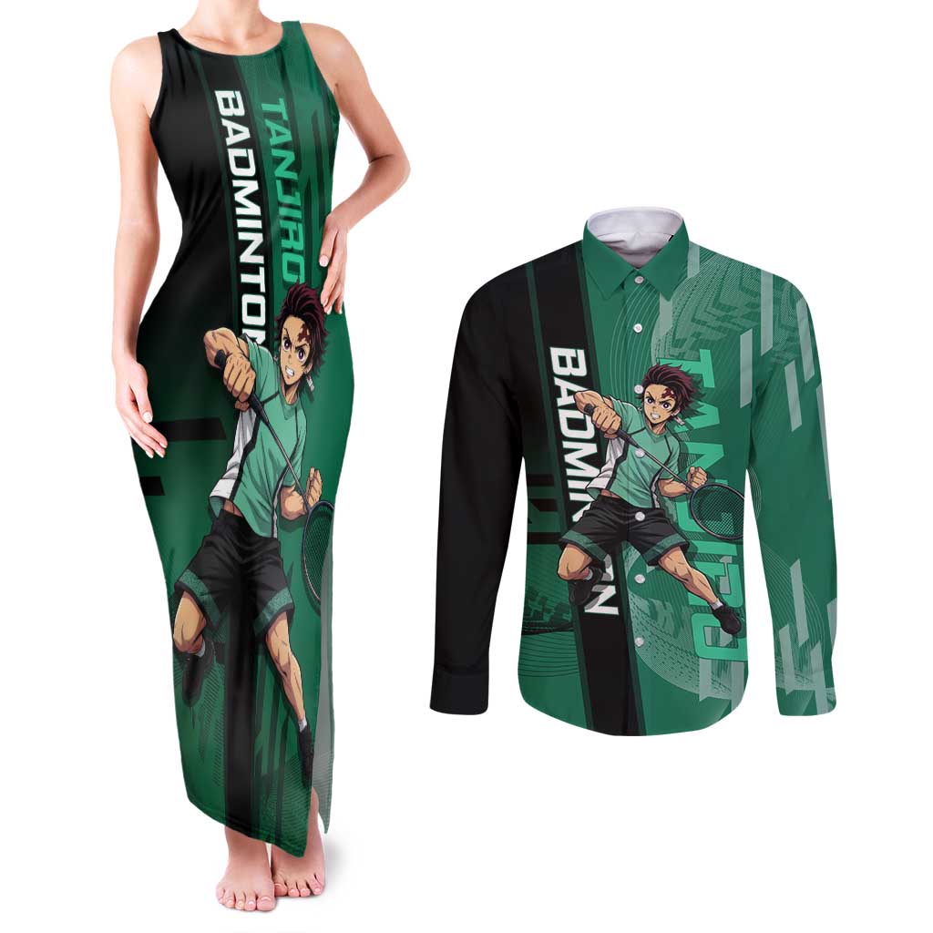 Personalized Tanjiro Badminton Green Action Pose Couples Matching Tank Maxi Dress and Long Sleeve Button Shirt Dynamic Sports Design - The Mazicc