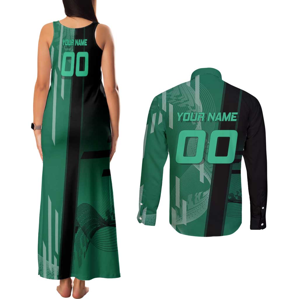 Personalized Tanjiro Badminton Green Action Pose Couples Matching Tank Maxi Dress and Long Sleeve Button Shirt Dynamic Sports Design - The Mazicc