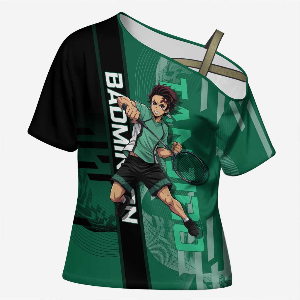 Personalized Tanjiro Badminton Green Action Pose Cross Shoulder Shirt Dynamic Sports Design - The Mazicc