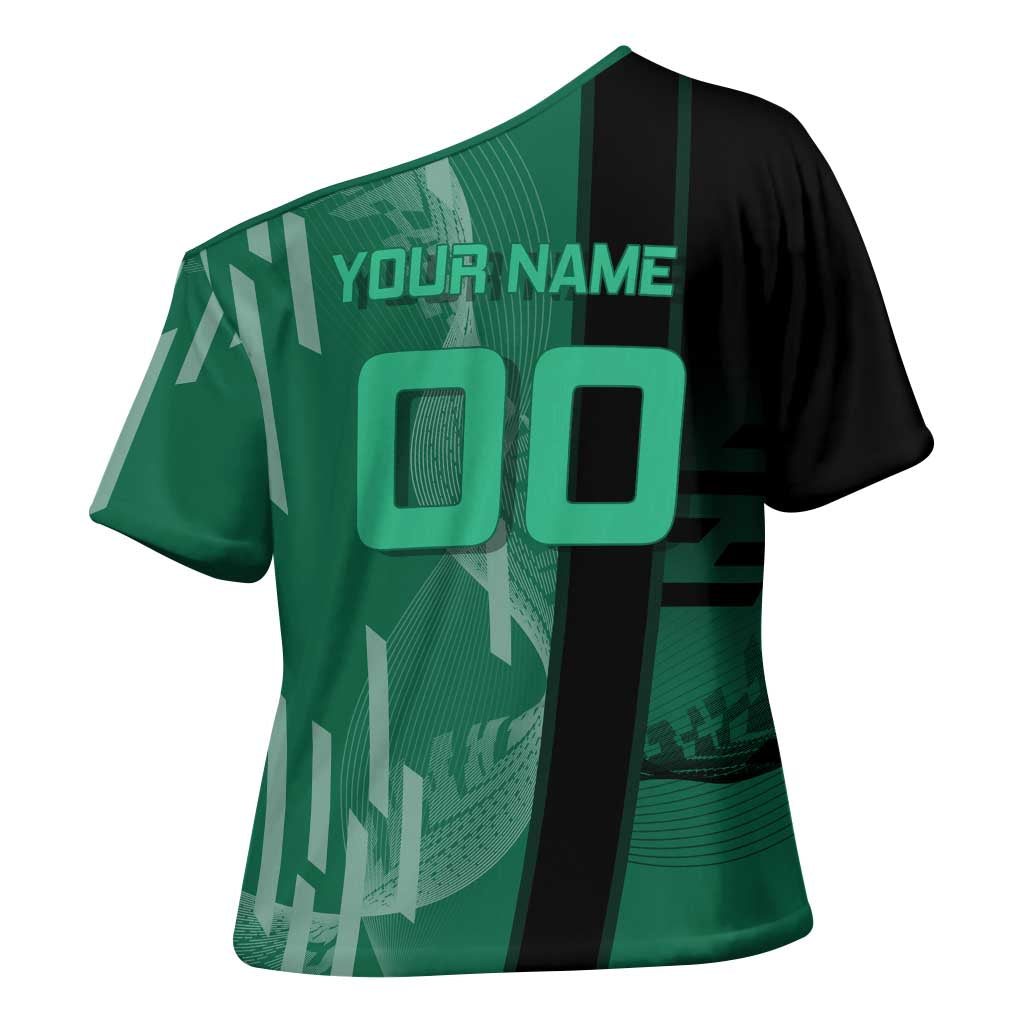 Personalized Tanjiro Badminton Green Action Pose Cross Shoulder Shirt Dynamic Sports Design - The Mazicc