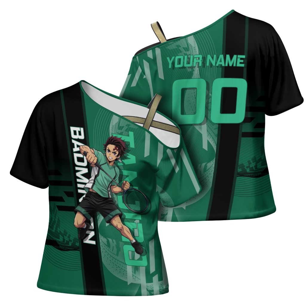 Personalized Tanjiro Badminton Green Action Pose Cross Shoulder Shirt Dynamic Sports Design - The Mazicc