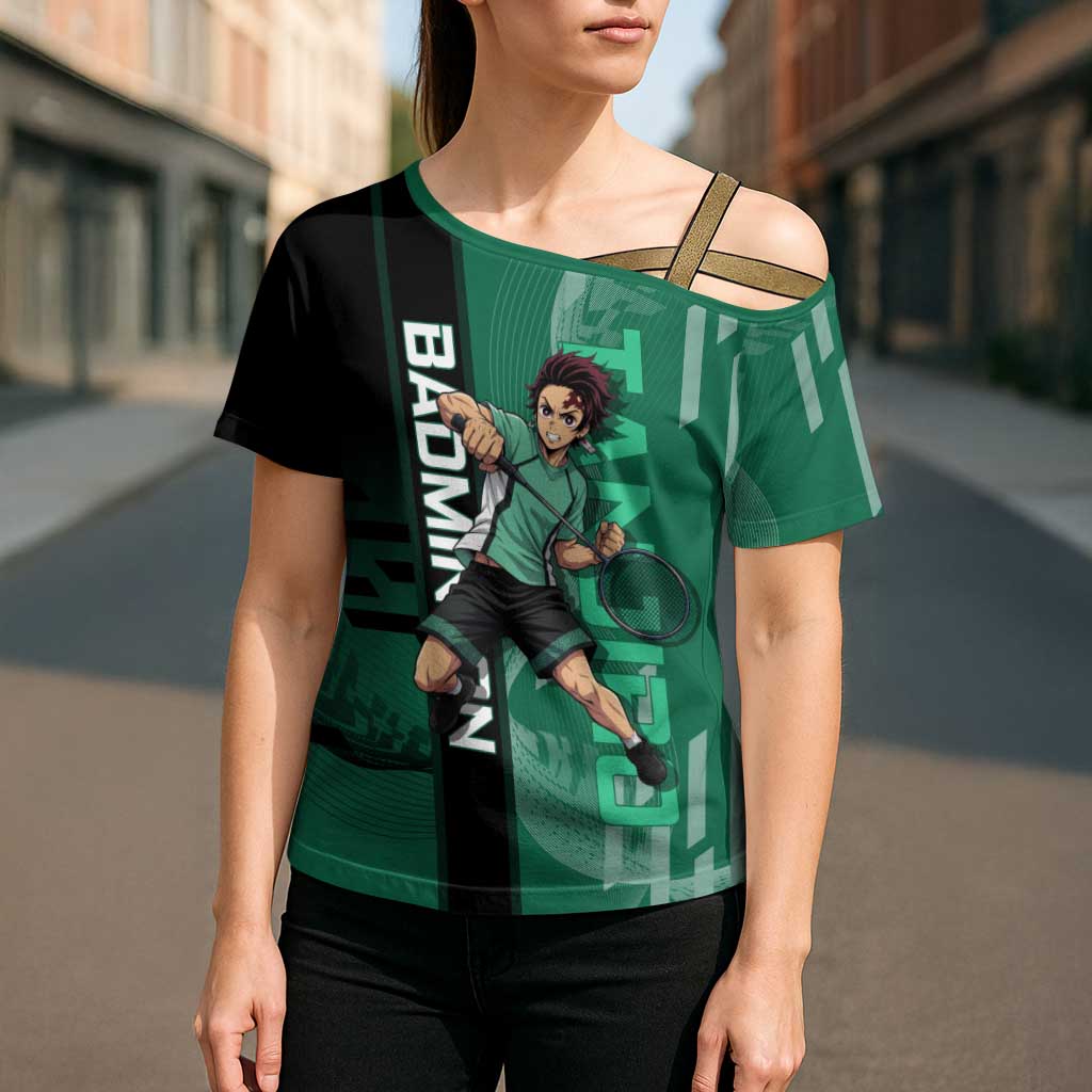 Personalized Tanjiro Badminton Green Action Pose Cross Shoulder Shirt Dynamic Sports Design - The Mazicc