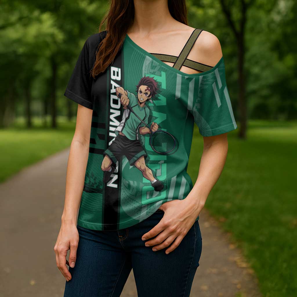 Personalized Tanjiro Badminton Green Action Pose Cross Shoulder Shirt Dynamic Sports Design - The Mazicc
