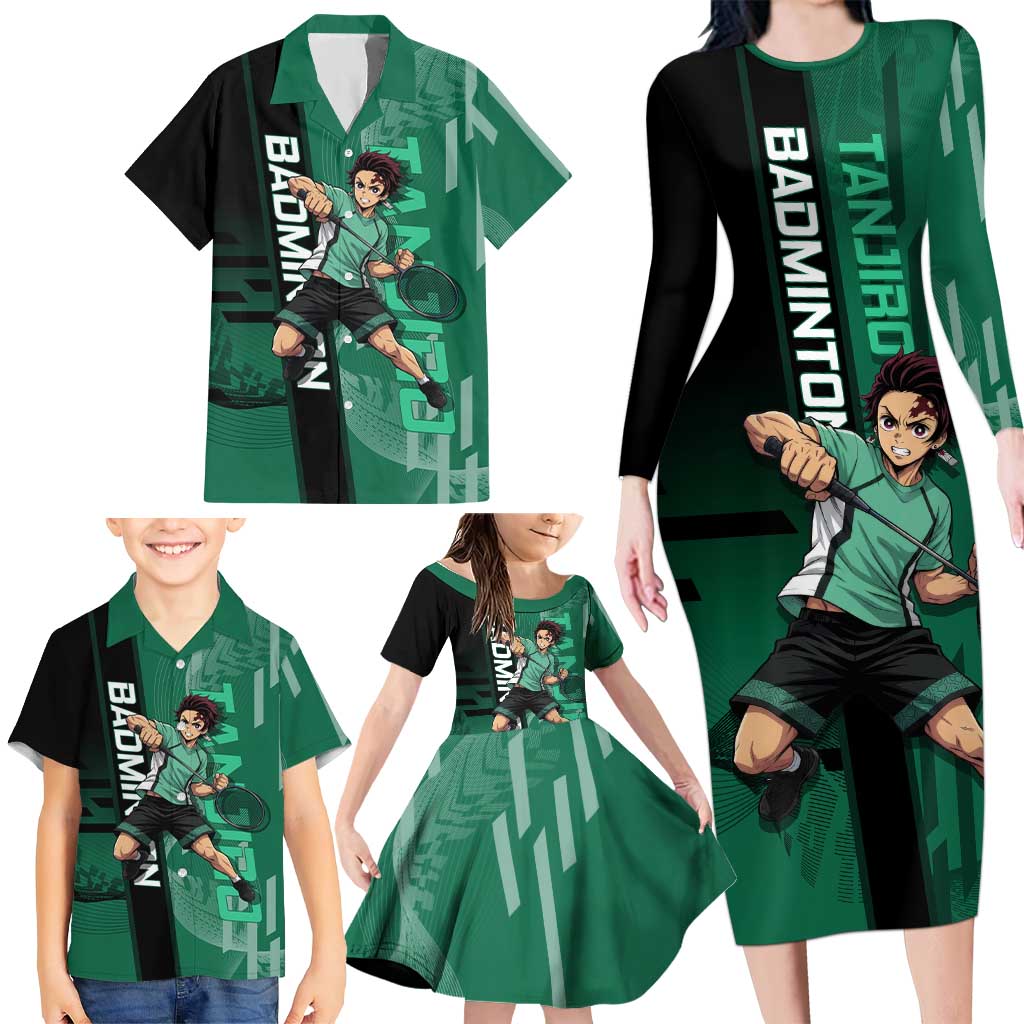 Personalized Tanjiro Badminton Green Action Pose Family Matching Long Sleeve Bodycon Dress and Hawaiian Shirt Dynamic Sports Design